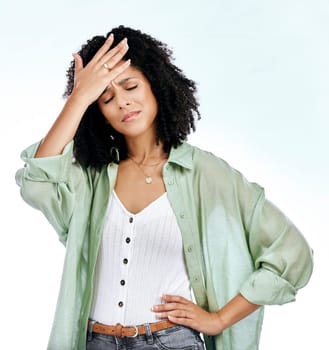 Stress, frustrated and face of black woman on a white background with worry, doubt and crisis. Thinking, hand on head and isolated female person worried, anxious and unsure for problem in studio
