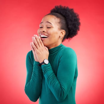 Thank you, praying and black woman in studio happy, relief and grateful against red background. Blessing, gratitude and African female smile for good news, outcome or results, solution or answer