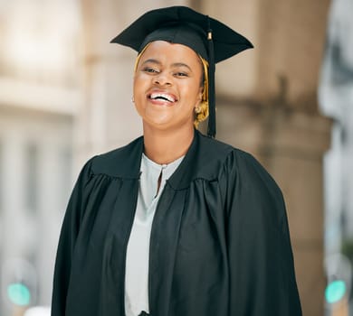 University graduate, portrait and happy black woman with school success, college education achievement or happiness. Campus study, goals accomplishment and African student smile for learning degree