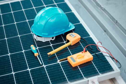 Solar panels, tools and helmet, maintenance and clean energy with natural power supply and electricity. Sustainability, eco friendly technology and construction, technician equipment and photovoltaic