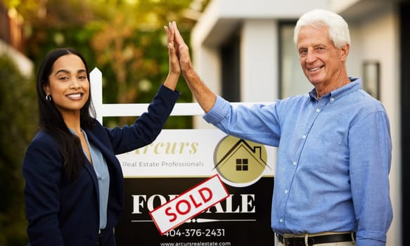 Sold, realtor portrait and people high five for home investment, property sale and retirement success. Real estate agent, landlord woman and senior man hands together for new house poster or board
