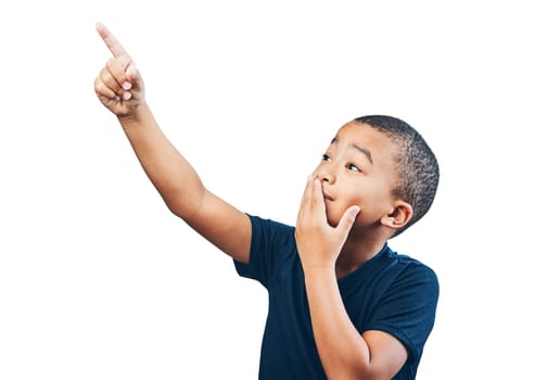 Child, pointing finger and advertising or surprise, choice or attention. Inspiration, announcement and latino kid isolated on a transparent, png background with hand on mouth for wow promotion deal