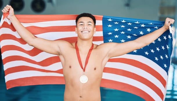 Portrait, winner and gold medal with a water polo man in celebration of success during a sports event in a gym. Fitness, victory and flag with a happy american athlete cheering in triumph on a podium