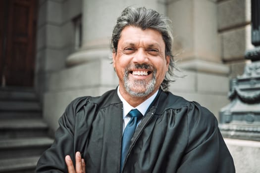 Portrait, smile and a senior man judge at court, outdoor in the city during recess from a legal case or trial. Happy, authority and power with a confident magistrate in an urban town to practice law