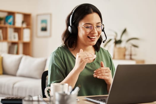 Home customer support, laptop video call and happy woman explain insurance service, telecom or sales in webinar. Freelance remote work, online conference or person consulting on networking connection