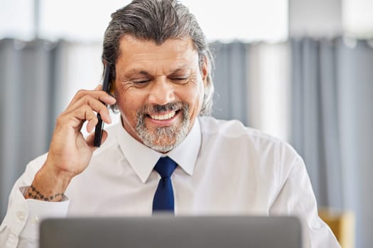 Phone call, man and senior manager with smile in office at law firm, consulting on legal advice and networking. Cellphone, advice and happy businessman, attorney or lawyer in conversation with pride.