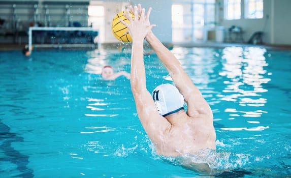 Sports, training and water polo with man in swimming pool for goal, fitness and games. Championship, workout and performance with person and ball in competition for health, wellness and target