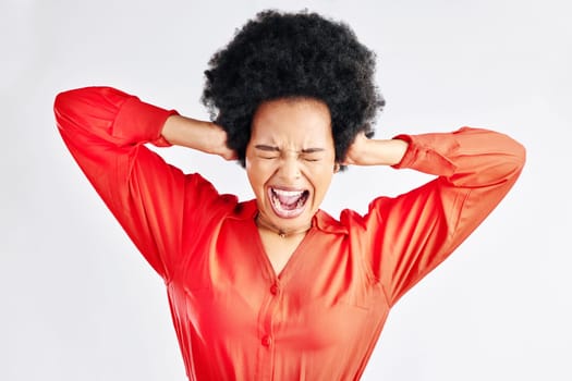 Frustrated, screaming and black woman with stress, anger and mistake on a white background in studio. Female person, shouting and African model angry about fail or problem with rage emotion