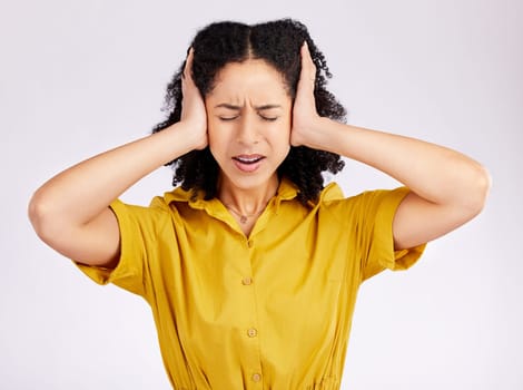 Frustrated woman, headache and anxiety with hands on head in stress against a white studio background. Female person in burnout, fear or ignore with mental health problems, issues or overwhelmed