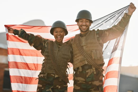 Army, portrait of man and woman with American flag, solidarity and team pride together at war time. Smile, happiness and soldier partnership, people with patriot service in military uniform for USA.