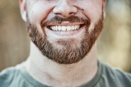 Man, smile and mouth in closeup for dental care for whitening or dentist treatment for tooth wellness. Happy face, teeth with positive expression for cleaning result or cosmetic veneers for hygiene.