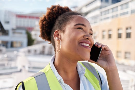 Black woman, construction and worker with phone call in city for civil engineering, building industry or site contractor. Face of happy female architect talking on smartphone for property development