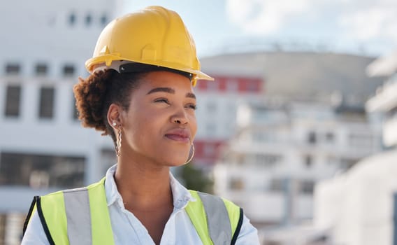 Thinking, engineer and woman in a city, ideas and development with helmet, construction worker and property vision. Female person, inspector and architect with solution, problem solving and planning