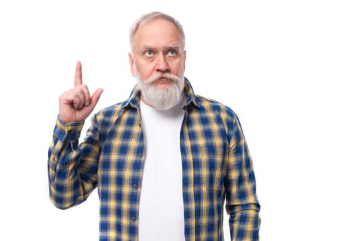 handsome 50s elderly gray-haired man with beard showing thumbs up on white background