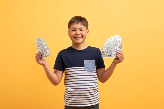 Positive school aged boy holding money dollar banknotes