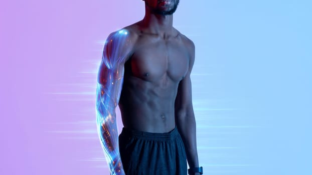 Young black sportsman with naked torso posing in neon light