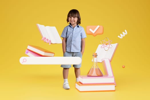 Schoolboy Near Online Search And Books Icons Over Yellow Background