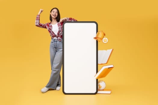 Asian Young Lady Near Big Cellphone On Yellow Background, Collage