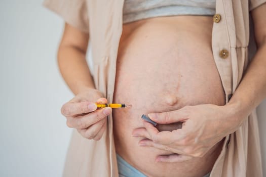 Woman injects a dose of heparin into her belly