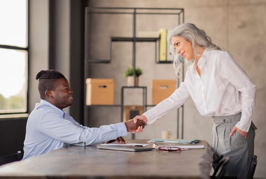 Diverse Business Man And Woman Handshaking Meeting In Modern Office