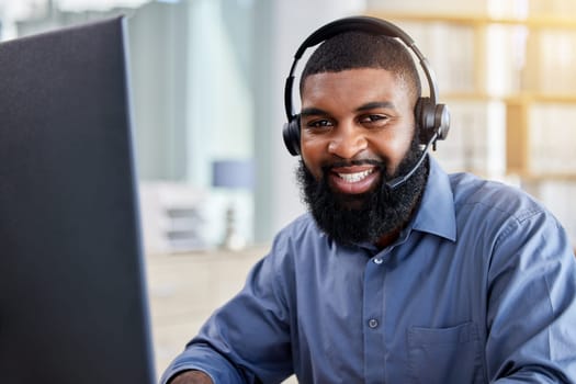 Business man, portrait and call center, communication or consultant support in e commerce or customer service. Face of agent, website advisor or african person helping and online solution on computer