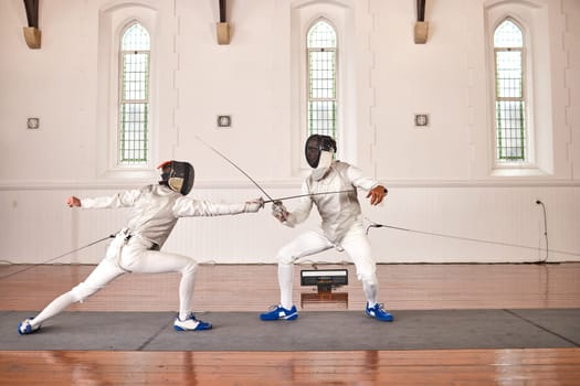 People, fighting and fencing with a sword in competition, duel or combat with martial arts fighter and athlete with a weapon. Warrior, blade and person in creative fight, exercise or fitness