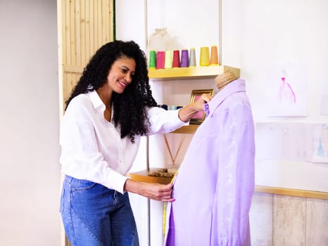 Fashion Designer Woman Measuring Garment in Atelier Studio, Crafting Clothes