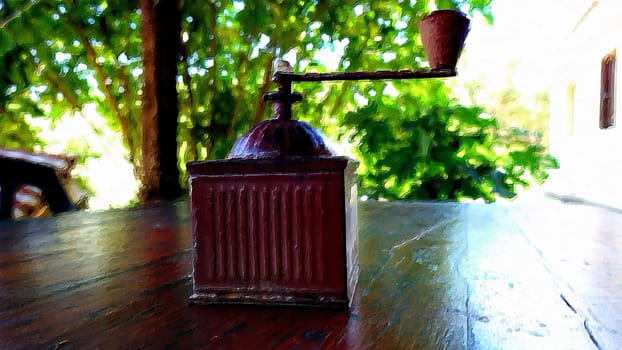 An antique coffee grinder on the table in the garden.