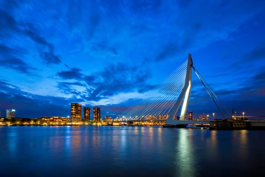 View of Erasmus Bridge Erasmusbrug and Rotterdam skyline. Rotterdam, Netherlands