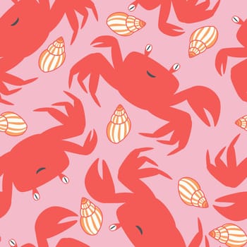 Seamless vector pattern with pink crabs and shells