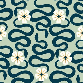 Vector seamless pattern with stylized snakes and flowers.