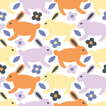 Vector seamless pattern design with jumping rabbits in a flowery meadow.