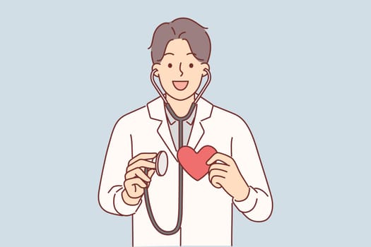 Man cardio surgeon holding stethoscope and heart offering to undergo examination