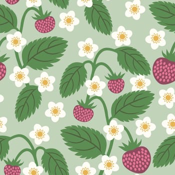 Vector seamless pattern with strawberries on light green background.