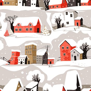 Landscape with houses and buildings, winter city streets covered with snow. Snowfall and bad weather conditions in rural area or small town. Seamless pattern, background or print, vector in flat style