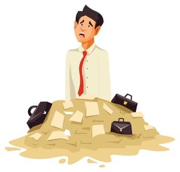 Upset businessman with pile of paperwork vector