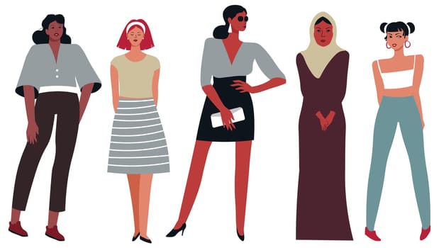 Modern and fashionable clothes for females of different nations and ages. Isolated ladies wearing dresses and jeans with top, hijab and blouse or skirt. Fashionable models. Vector in flat style
