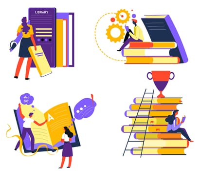Improvement of skills and education, raising qualification by reading books and learning material. Process of studying, person with publication and volumes leading to success. Vector in flat style