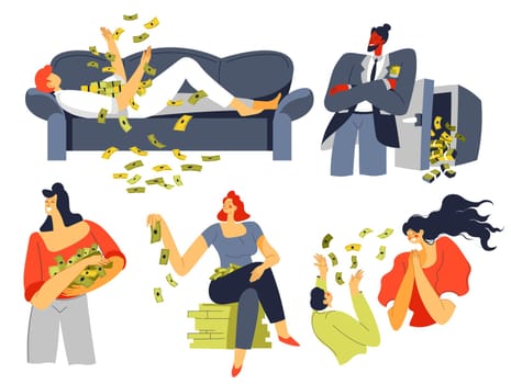 Rich people throwing money, wasting finance vector