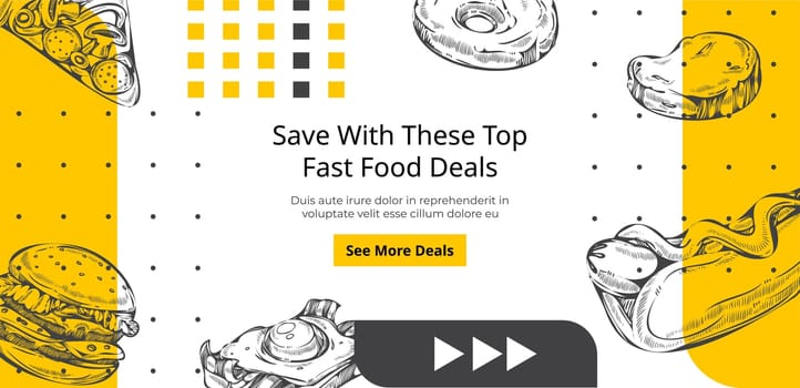 Meal and food in cafe or restaurant, burgers and pizza, donuts and hot dogs. Reduced price and offers, american cuisine. Promotional banner, poster with discounts and sales. Vector in flat style