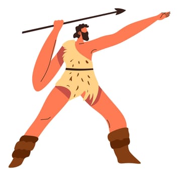 Hunter with weapon for hunting, stone age people