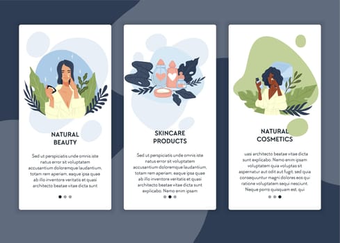 Natural beauty and organic cosmetics, skincare and treatment with lotions and creams with healthy ingredients for body and face. Story or post in social media, rectangular formats. Vector in flat