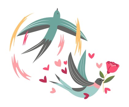Swallow and dove birds with hearts and roses flora