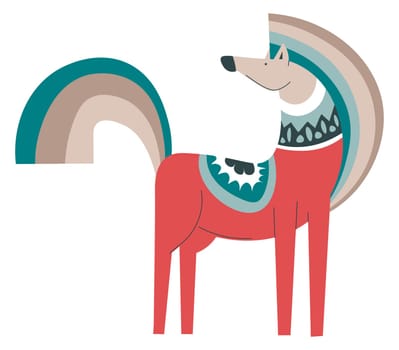 Wildlife winter animals and mammals, isolated wolf with decorated colorful tail. Canine creature living in forests, nature and wilderness, undomesticated dog scandi design. Vector in flat style