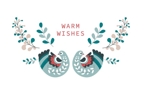 Warm wishes postcard with birds and bloom flora