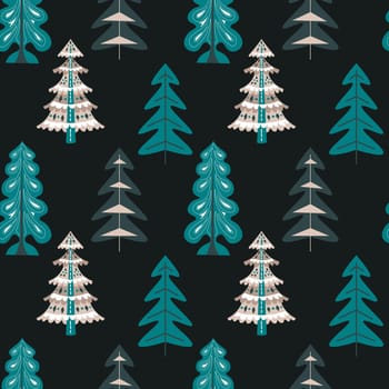 Christmas and new year celebration, pine trees in rows, symbol of special occasion. Evergreen plant with branches. Seamless pattern, background or print for xmas winter holiday. Vector in flat style