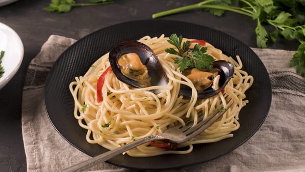 Homemade pasta spaghetti with mussels