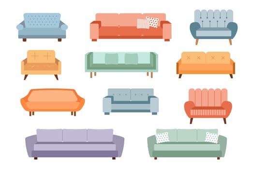 A set of sofas, ottomans. Collection of upholstered furniture for the home. Icons