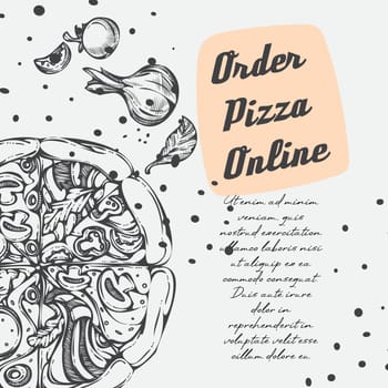 Order pizza online, pizzeria promo monochrome