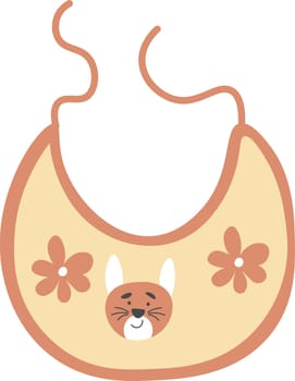 Children bib protecting clothes from food stains while feeding baby. Isolated cloth with cat character and blooming flowers. Clothing for kids, unisex model and designs. Vector in flat style